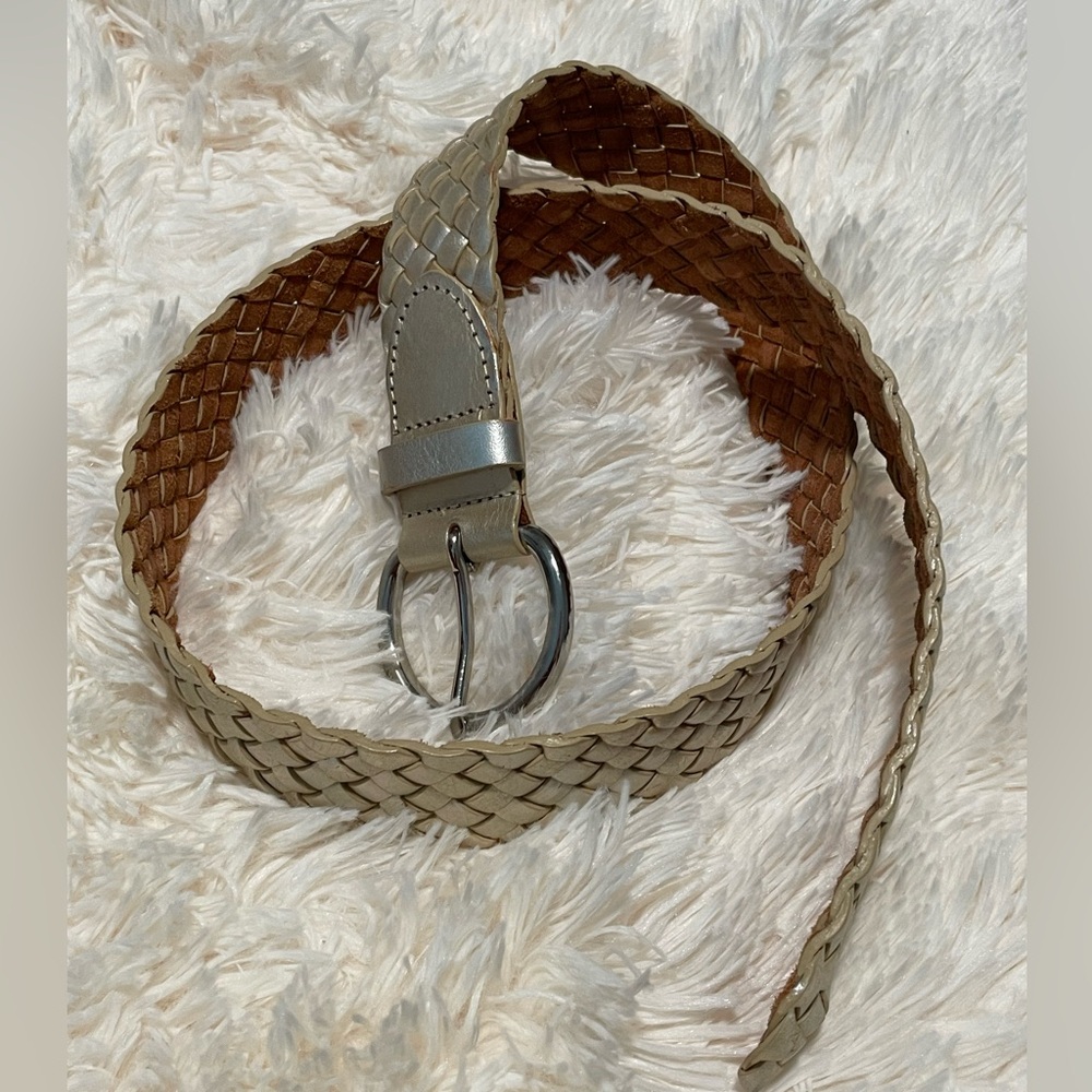 Talbots Belt Leather Size Small Braided Silver Solid Brass Buckle Silvertone